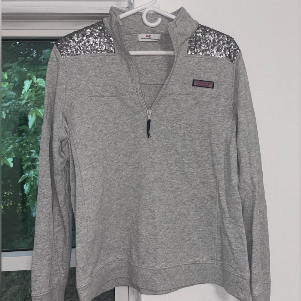 Vineyard Vines Gray Quarter-Zip Sweater with Sequin Shoulders